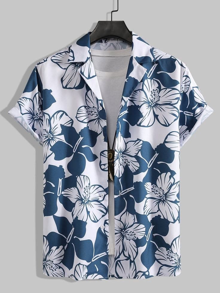 Eagilo Navy Blue Floral Print Shirt image 4