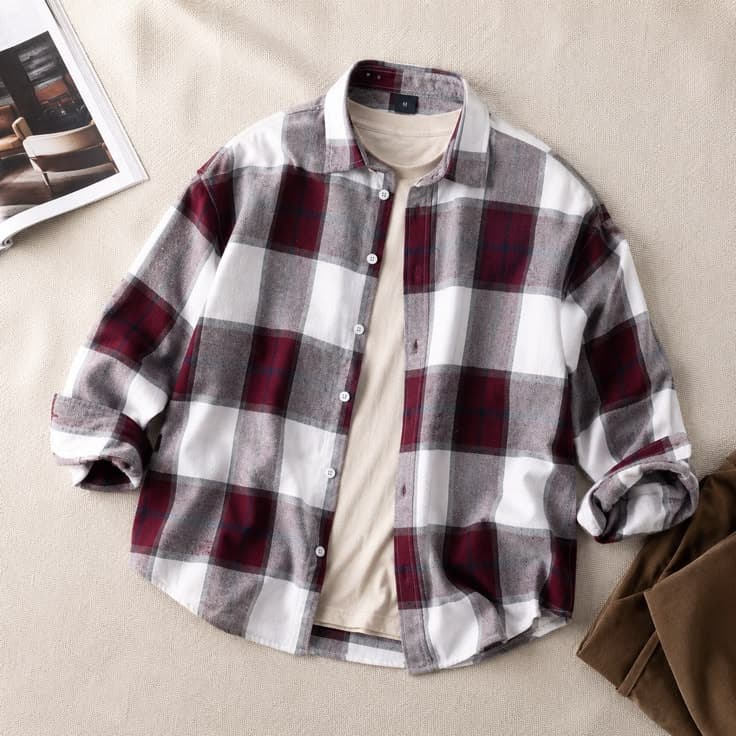 Eagilo Burgundy Checked Casual Shirt