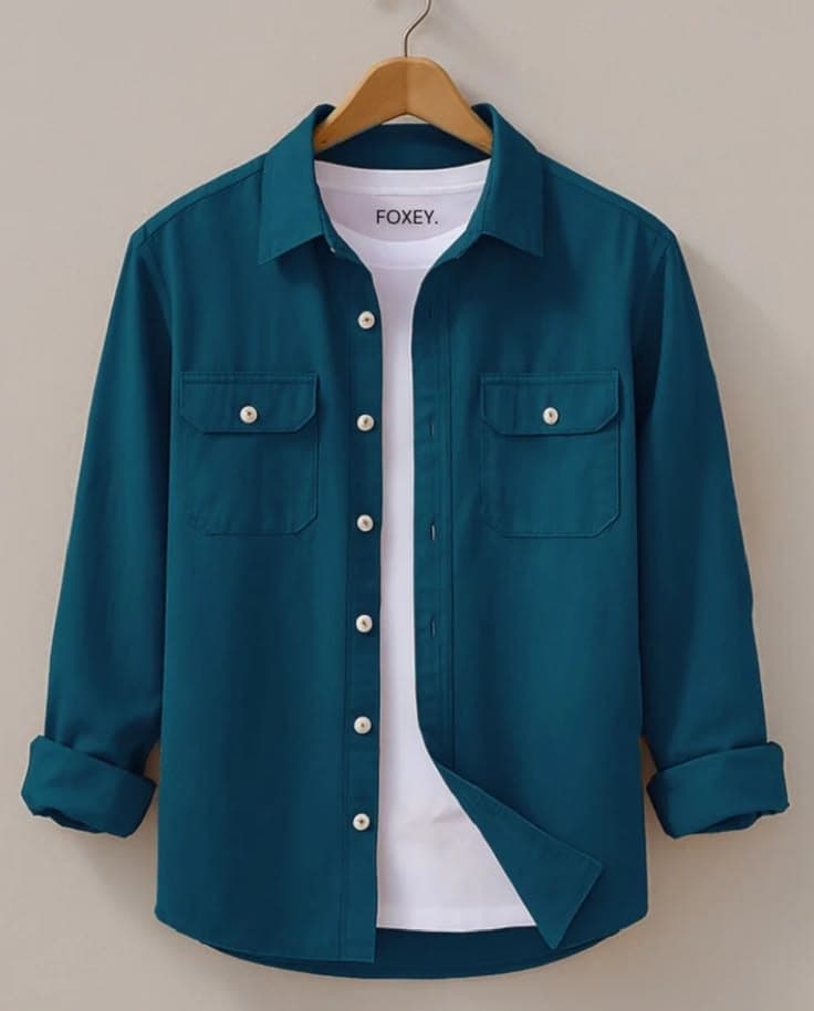 Eagilo Teal Blue Solid Casual Shirt image 5