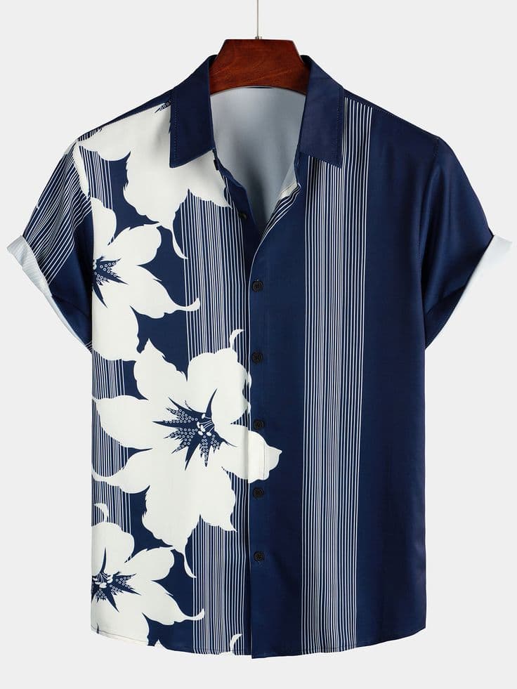 Eagilo Navy Blue Vertical Stripe Floral Shirt image 2